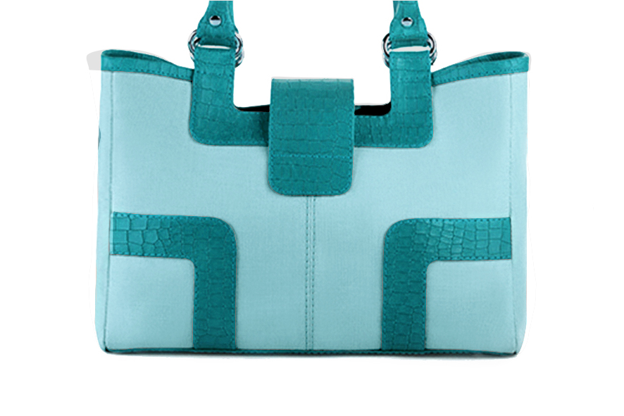 Aquamarine blue women's dress handbag, matching pumps and belts. Rear view - Florence KOOIJMAN